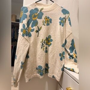 LOFT Floral Crew Neck Sweater - Cream and Blue